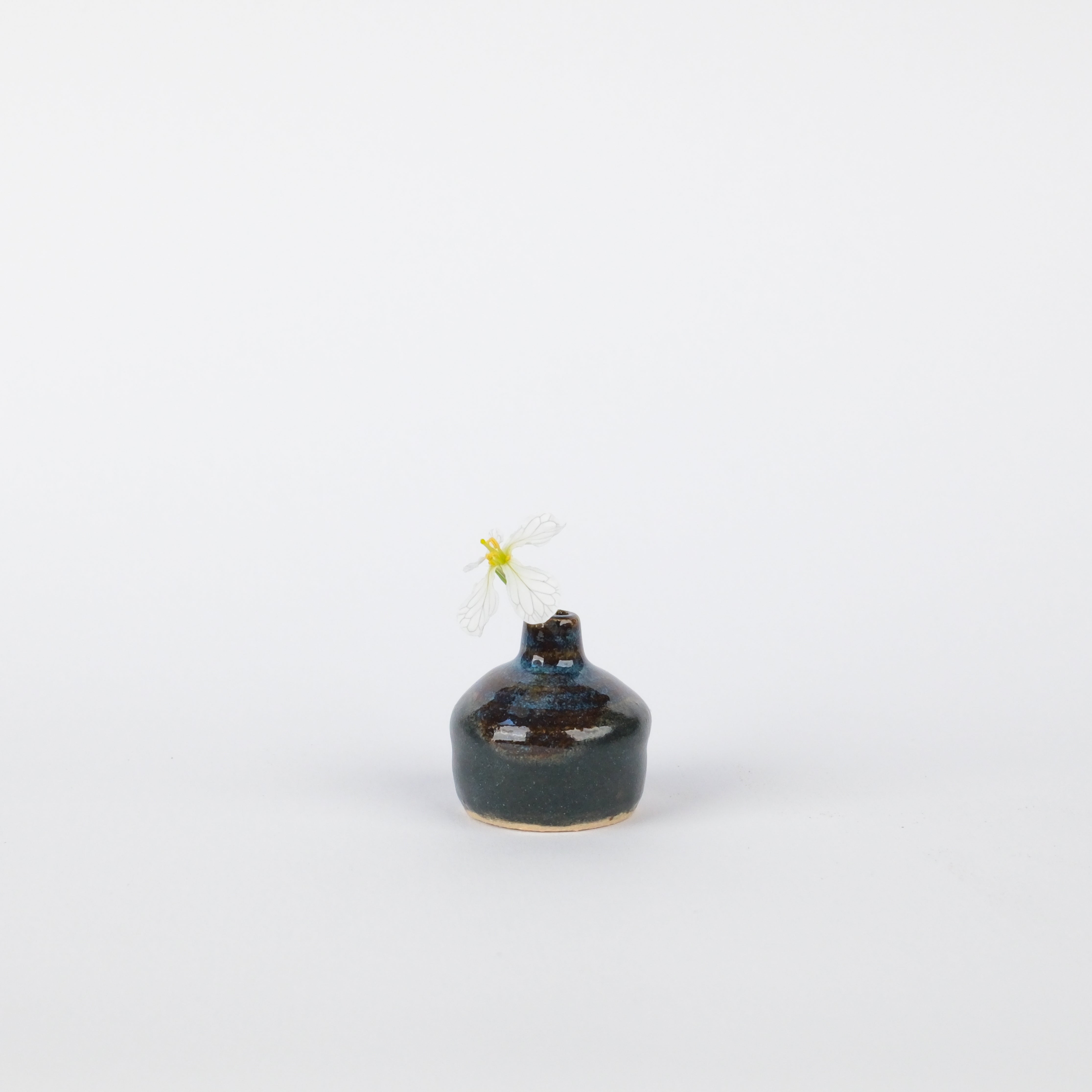 Handcrafted 26mm black stoneware vase with a glossy finish and a single delicate white flower on a white background.